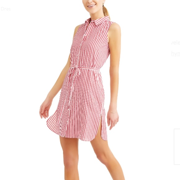 Women's Vertical Striped Sleeveless Shirt Dress - Picture 1 of 3